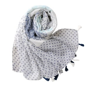 Blue and white floral print cotton linen scarf with tassels and geometric patterns
