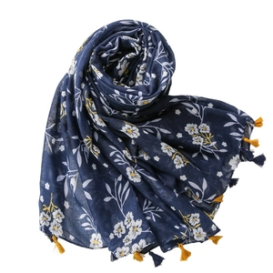 Bohemian paisley cotton linen scarf with floral print and yellow tassel fringe