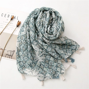 Blue and white geometric diamond pattern lightweight scarf with decorative tassels