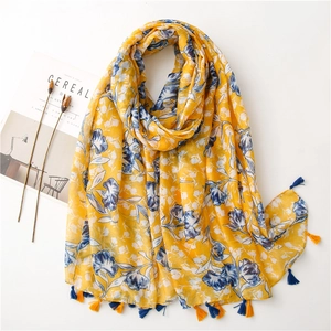 Bright Yellow Floral Print Shawl Scarf Lightweight Breathable Sun Protection With Navy Tassels Artistic Summer Beach Women
