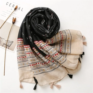 Ethnic style black and beige contrast beach scarf with tassels and geometric patterns