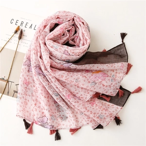 Floral cotton linen scarf for women with pink flower print, butterfly motifs and tassels