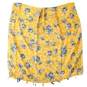 Lightweight lemon yellow summer shawl with floral patterns and colorful tassels