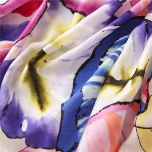 Detailed macro shot of abstract floral print fabric with colorful leaf patterns