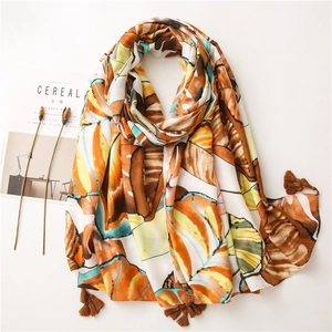 Bohemian linen scarf with colorful leaf patterns and tassels for sun protection