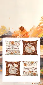 Detailed view of autumn pillowcases featuring maple leaves and festive pumpkin prints