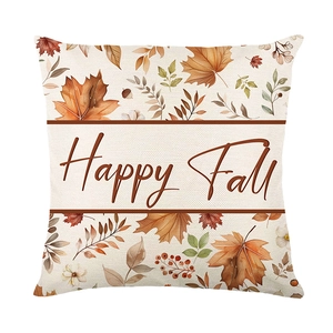Fall maple leaf decorative pillow cover with Happy Fall text on beige polyester fabric