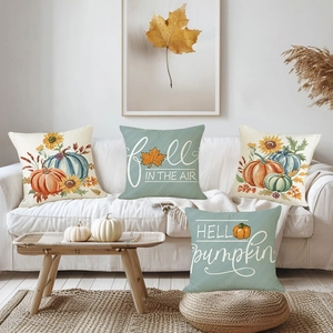 Lot de 4 housses de coussin d'automne motif citrouille et tournesol sur canapé