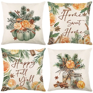 Autumn Harvest Polyester Cushion Cover Pumpkin Orange Cinnamon Pattern Home Sweet Home Thanksgiving Decorative Pillowcase