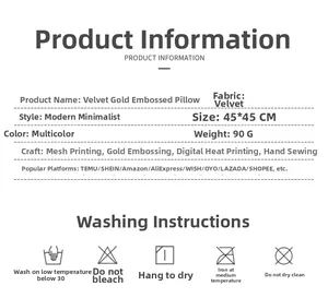 Detailed specifications for luxury gold foil velvet throw pillow cover 45x45cm