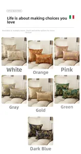 Detail view of velvet pillow covers with gold marble patterns in seven assorted colors
