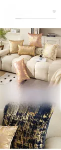 Close-up of velvet throw pillow cover with gold foil texture and soft fabric detail