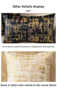 Close-up of velvet cushion covers with gold foil abstract texture and navy blue fabric