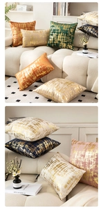 Detail of luxury velvet throw pillow covers with metallic gold foil stripe texture
