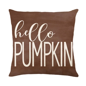 Brauner Kissenbezug aus Polyester mit weißem Hello Pumpkin Aufdruck für die Herbstdeko