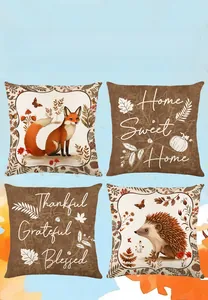 Set of four Thanksgiving pillow covers with autumn fox, hedgehog and festive quotes