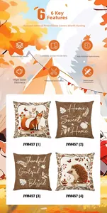 Detailed view of four autumn animal print pillow covers with soft texture and festive icons