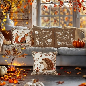 Thanksgiving fall decorative pillow covers featuring fox hedgehog patterns and autumn typography