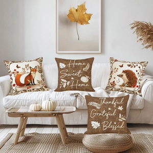 Set of 4 Thanksgiving pillow covers with fox and hedgehog prints for autumn home decor