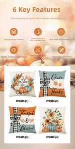 Close-up of Thanksgiving pillow covers with pumpkin patterns and autumn floral prints