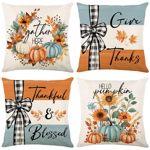 Autumn Thanksgiving Pillow Covers Pumpkin Sunflower Maple Leaf Print Cushion Case Polyester Linen Texture Farmhouse Decor