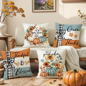 Set of 4 Thanksgiving pumpkin and sunflower cushion covers on a cozy beige sofa