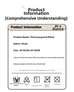 Detailed size and care labels for plush jacquard cushion covers in multiple dimensions