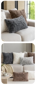 Detail of plush jacquard pillow cover with 3D embossed leaf texture in neutral colors