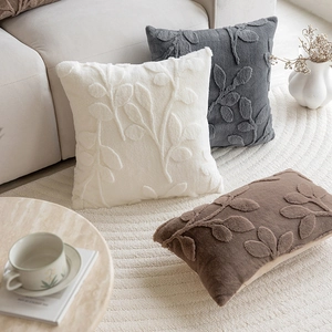 Plush jacquard throw pillow with 3D leaf pattern for sofa decor in multiple colors