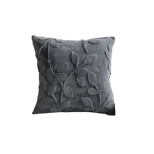 Dark gray plush decorative cushion with 3D embossed leaf pattern for sofa and home decor