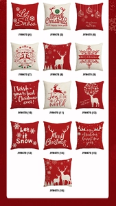 Detailed grid of Christmas pillow covers featuring red and beige festive prints and text