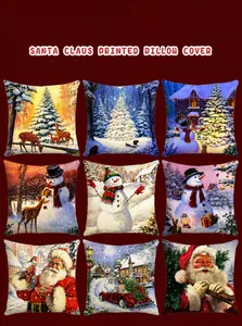Collection of nine Christmas pillow covers featuring Santa Claus and snowman prints