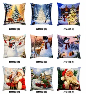 Detailed collection of Christmas pillow covers featuring Santa Claus and reindeer prints