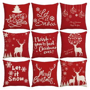 Christmas Pillowcase Cushion Cover Polyester Linen Red White Snowflake Reindeer Letter Print Sofa Holiday Decor