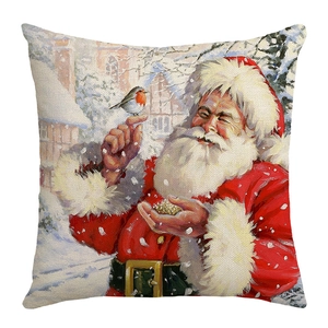 Christmas pillow cover with oil painting style Santa Claus and robin on cotton linen fabric