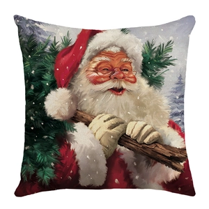 Christmas Santa Claus cushion cover with evergreen branches printed on linen fabric