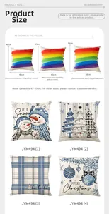 Size guide for blue Christmas pillow covers with snowman prints and dimensions