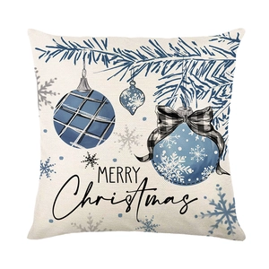 Blue Christmas throw pillow cover with snowman plaid print and Merry Christmas text decor