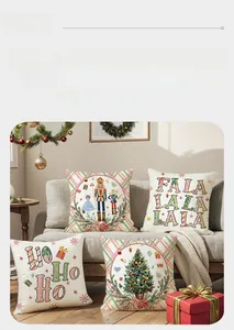 Detailed view of Christmas pillow covers featuring Nutcracker and holiday prints on a sofa