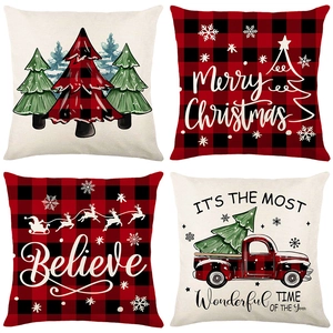 Christmas Pillowcase Cushion Cover Red Black Buffalo Plaid Print Linen Texture Holiday Sofa Decor Reindeer Tree Design