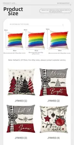 Size guide for Christmas pillow covers with various tree prints and fabric specs