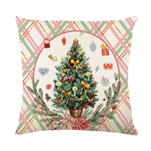 Christmas nutcracker and tree print square pillow cover with pink green striped pattern