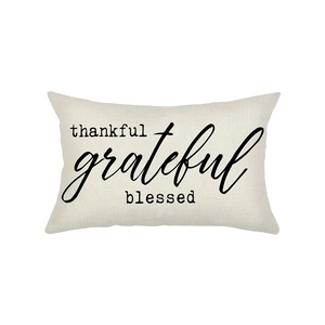 Polyester Thanksgiving pillow cover with thankful grateful blessed lettering on white fabric