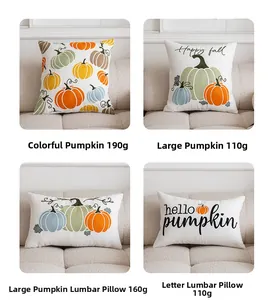 Dettagli delle fodere per cuscini ricamate con zucche e scritte Happy Fall