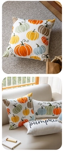Dettaglio di motivi a zucca ricamati e testo Hello Pumpkin su fodere per cuscini decorativi