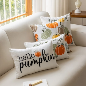 Fodera per Cuscino Ricamata con Zucca Autunnale in Misto Cotone Decorativa per Divano Soggiorno Casa Ringraziamento Halloween