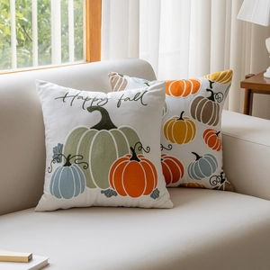 Set di federe per cuscini con ricamo a zucca autunnale e scritta Happy Fall decorativa
