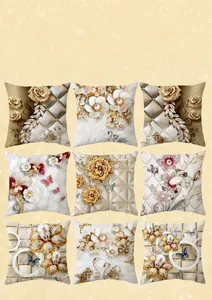 Detailed grid view of 9 luxury 3D golden flower and butterfly soft velvet pillow covers