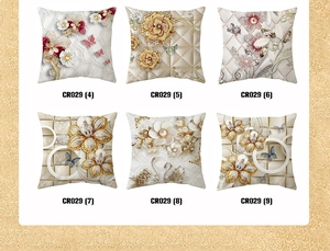 Collage of six luxury cushion covers with gold floral, swan, and pearl 3D print designs
