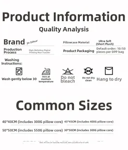 Size chart for floral pillowcases showing dimensions and care instructions for soft plush fabric